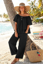 OFF THE SHOULDER COTTON TEXTURED LOUNGE SET