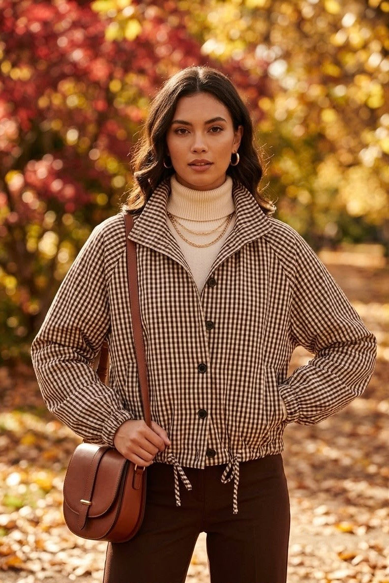 ELASTIC DRAWSTRING CHECKERED JACKET
