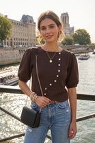 PUFF SLEEVE BUTTON DETAIL KNIT TOP