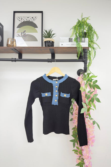 GOLD BUTTON DENIM TEXTURED KNIT TOP (15313787224448)