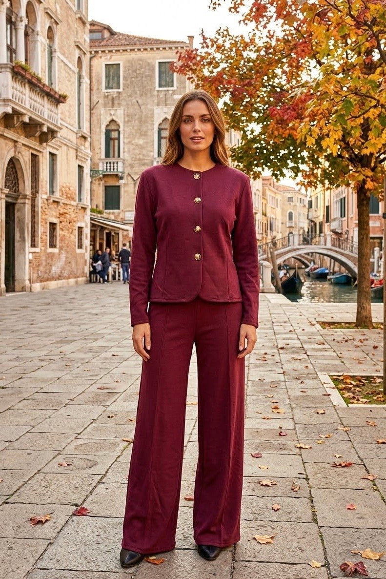 BUTTON-UP JACKET AND WIDE LEG TROUSER SET