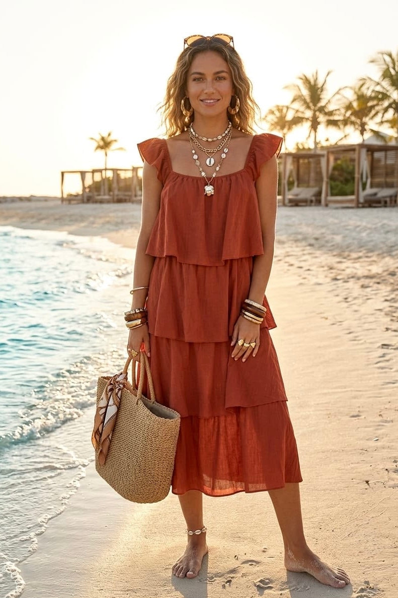 SQUARE NECK TIERED MIDI DRESS