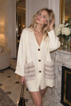 OVERSIZED FAUX-FUR POCKET GOLD BUTTON CARDIGAN