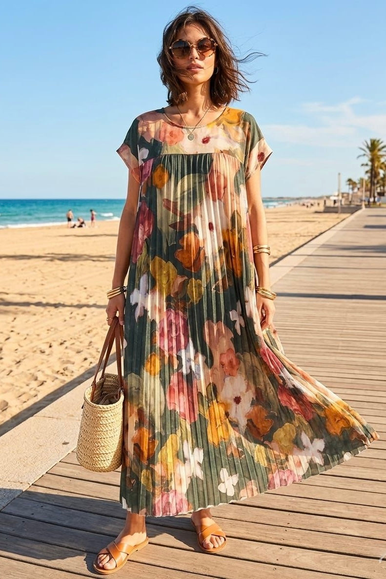 PLEATED FLORAL PRINT MAXI