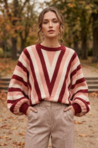 CHEVRON STRIPE BALLOON SLEEVE KNIT JUMPER