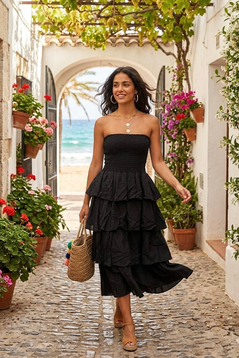 STRAPLESS TIERED MIDI DRESS