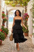 STRAPLESS TIERED MIDI DRESS