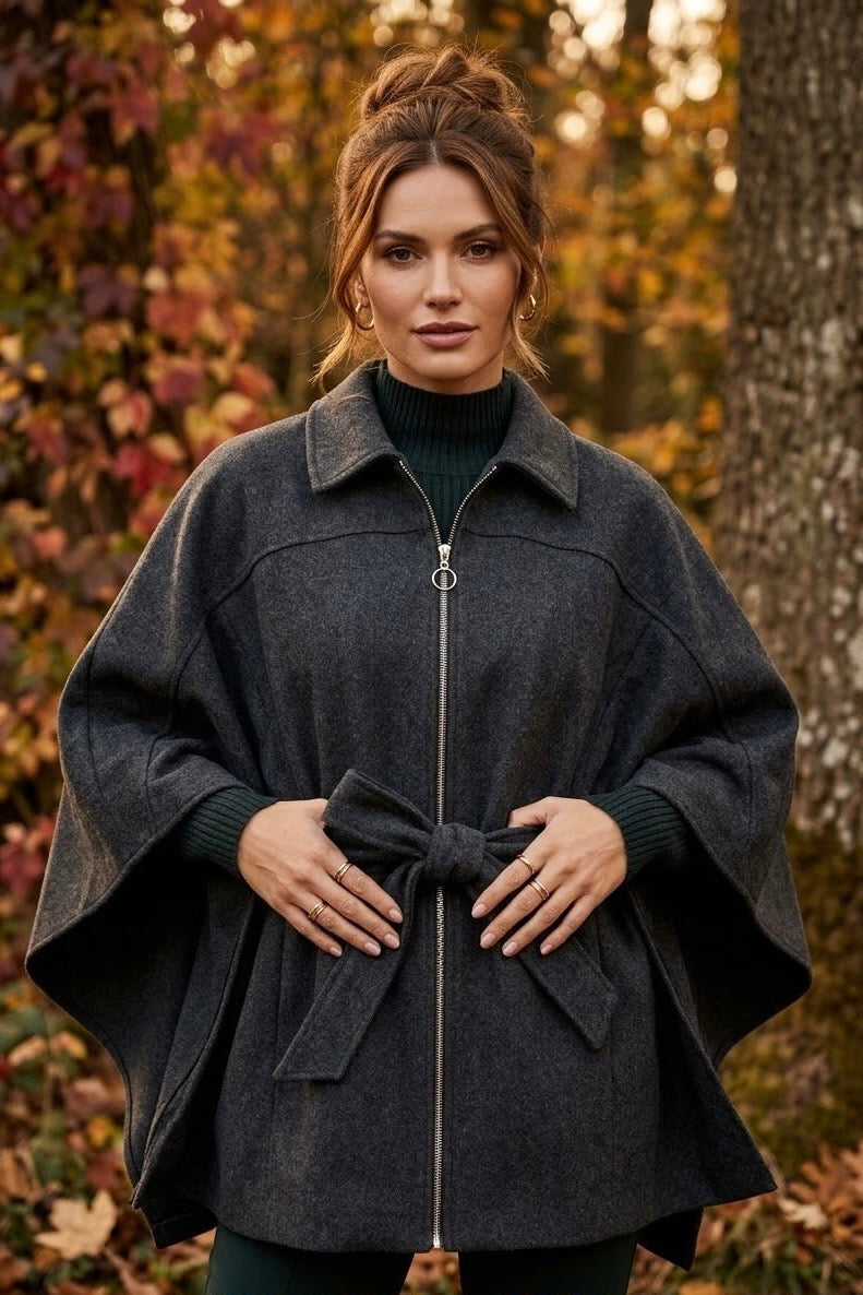 FRONT-ZIP CAPE JACKET WITH TIE BELT