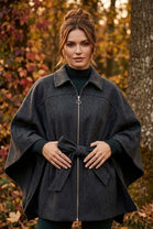 FRONT-ZIP CAPE JACKET WITH TIE BELT