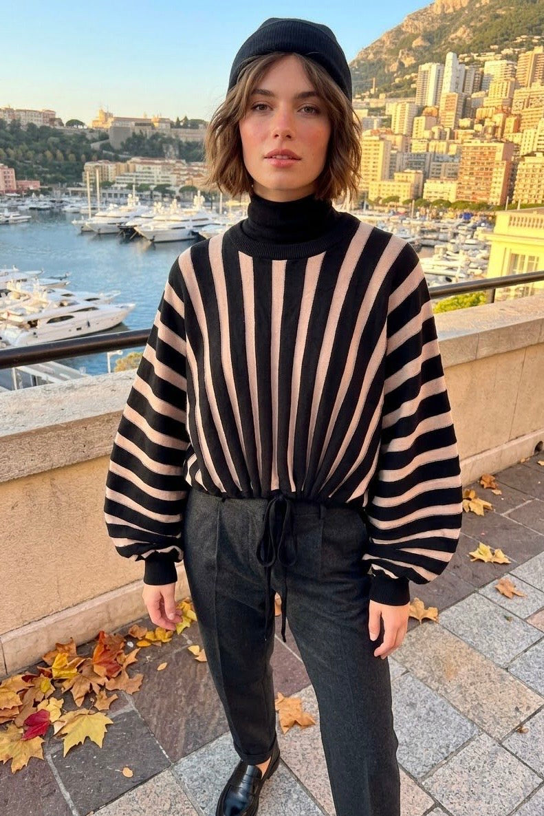 STRIPPED BALLOON SLEEVE DRAWSTRING-HEM CROPPED KNIT JUMPER