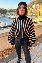 STRIPPED BALLOON SLEEVE DRAWSTRING-HEM CROPPED KNIT JUMPER