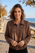 SUDE SHOULDER BUTTON ZIP-UP JACKET