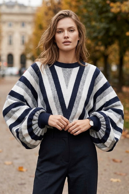 CHEVRON STRIPE BALLOON SLEEVE KNIT JUMPER