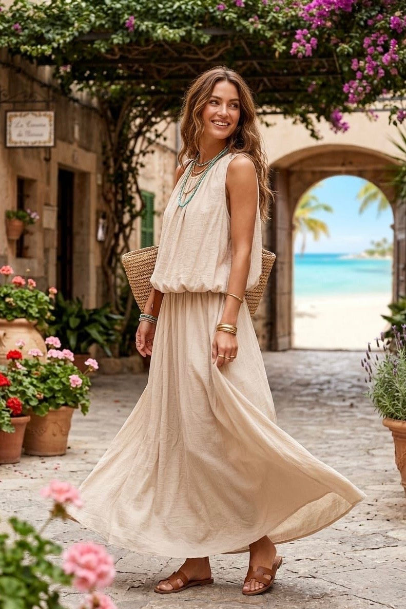 CRINKLE ELASTIC-WAIST BEACH MAXI