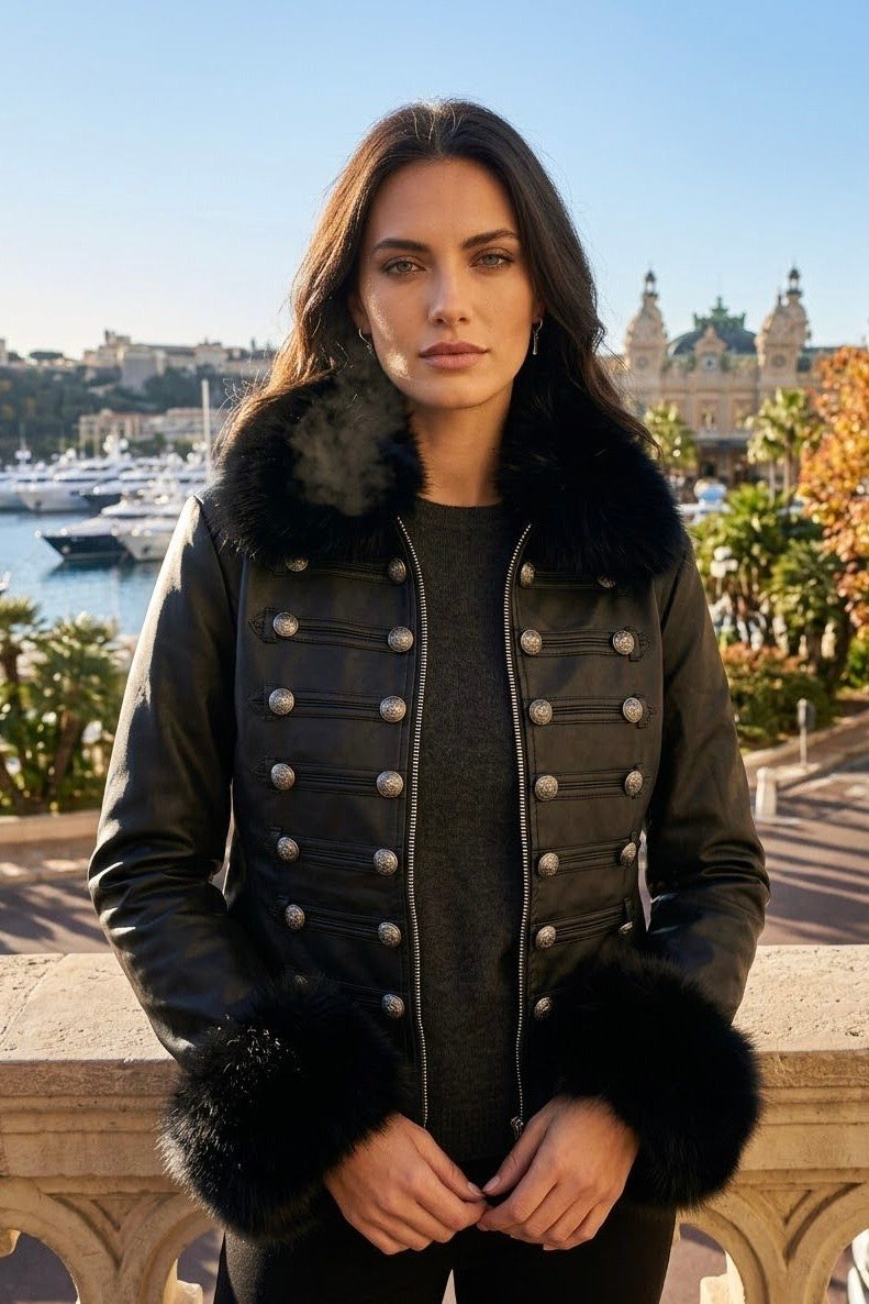 FAUX FUR TRIM MILITARY LEATHER JACKET