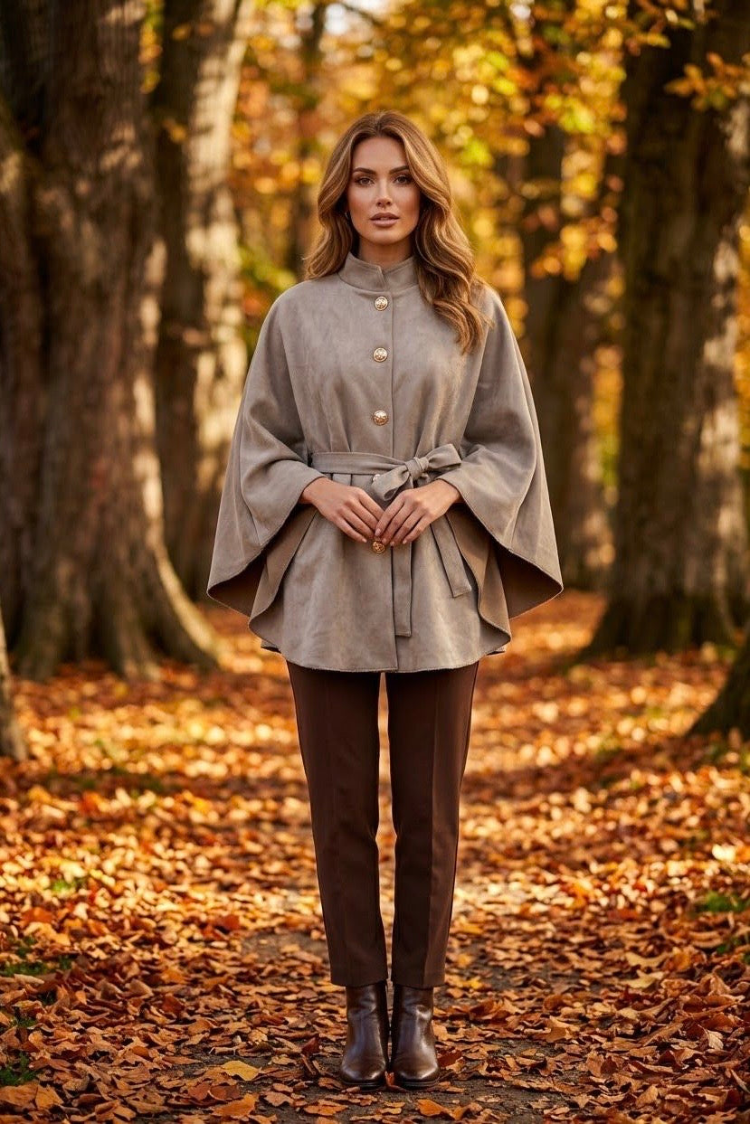 SUEDE BELTED GOLD BUTTON CAPE