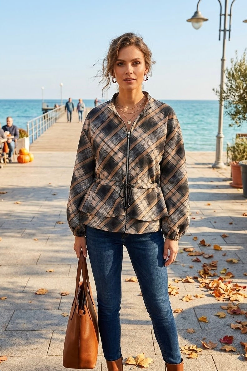 DRAWSTRING-WAIST PLAID PEPLUM JACKET