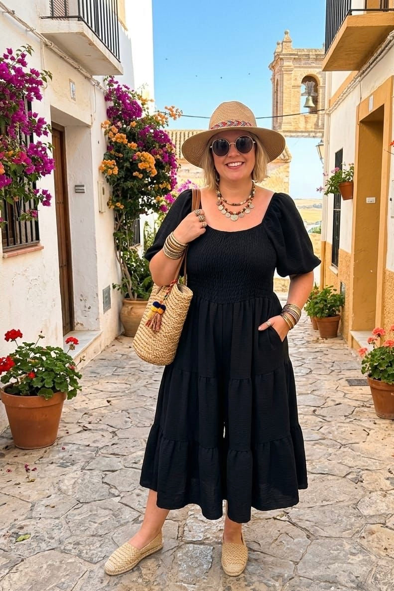 PUFF SLEEVE TIERED MIDI DRESS