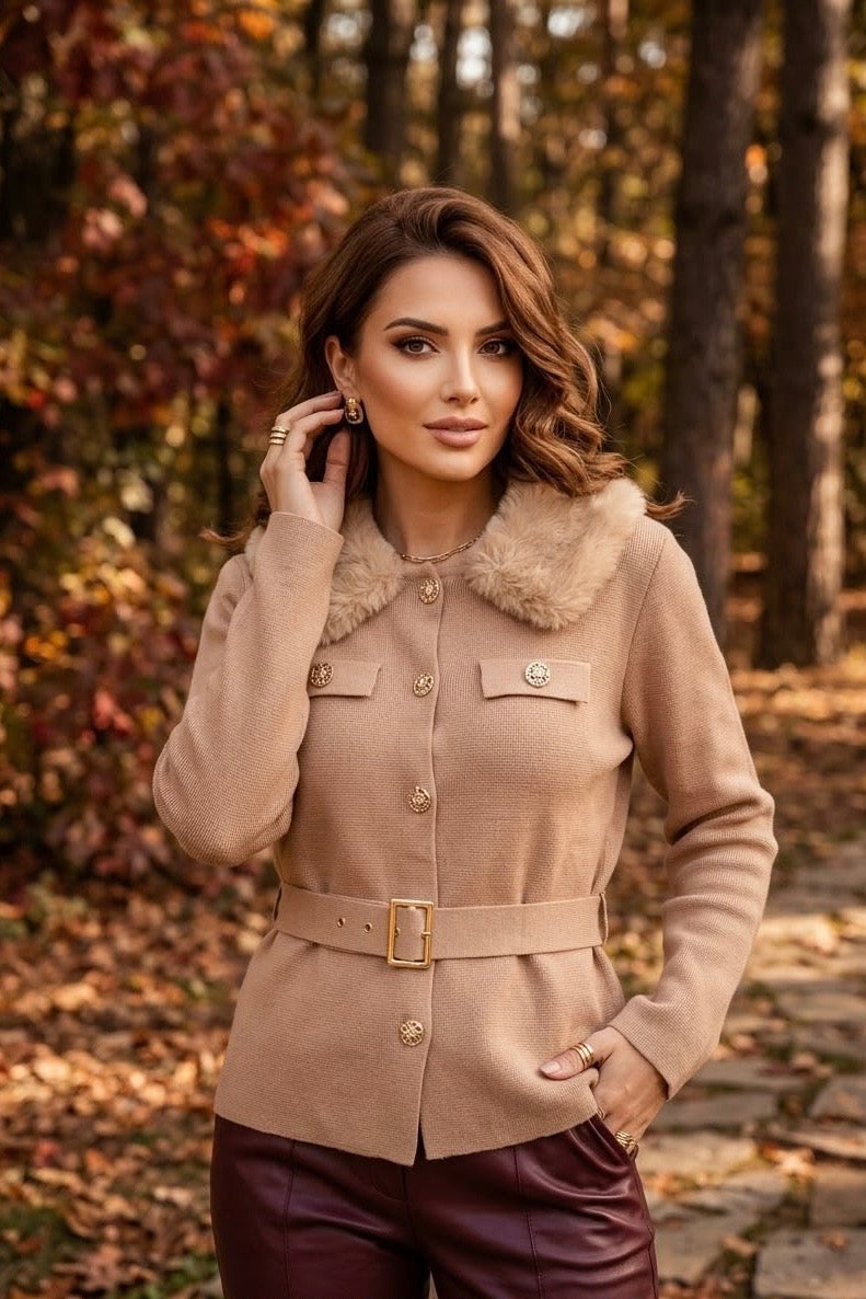 FAUX-FUR COLLAR BELTED GOLD BUTTON JUMPER