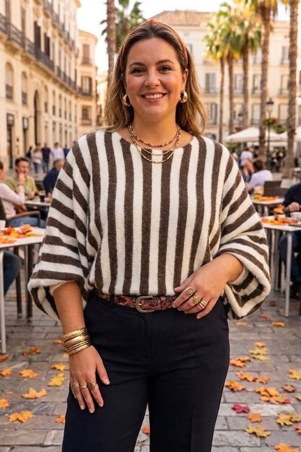 OVERSIZED STRIPE ADJUSTABLE BUBBLE SLEEVE FINE KNIT JUMPER
