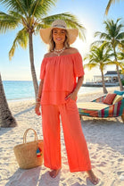 OFF THE SHOULDER COTTON TEXTURED LOUNGE SET