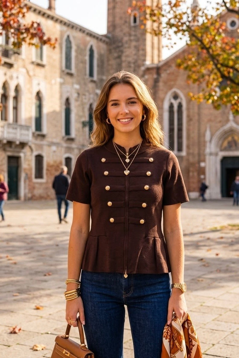 GOLD BUTTON ZIP DETAIL PEPLUM KNIT TOP