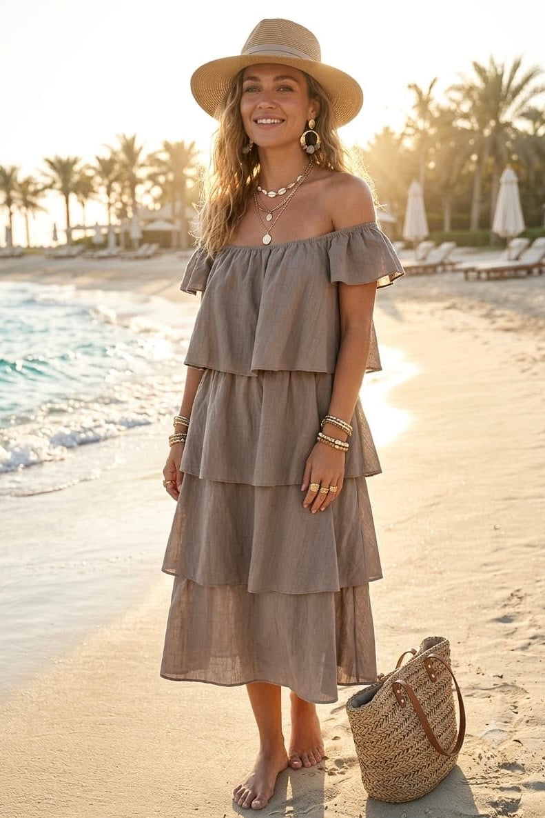 SQUARE NECK TIERED MIDI DRESS