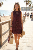 LEOPARD PRINT RUFFLE NECK SLEEVELESS DRESS