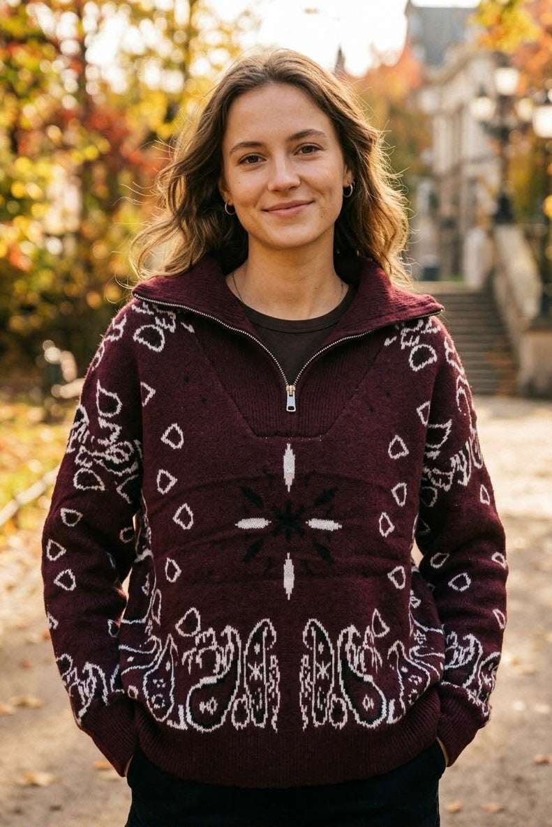 PAISLEY PRINTED HALF-ZIP KNIT JUMPER