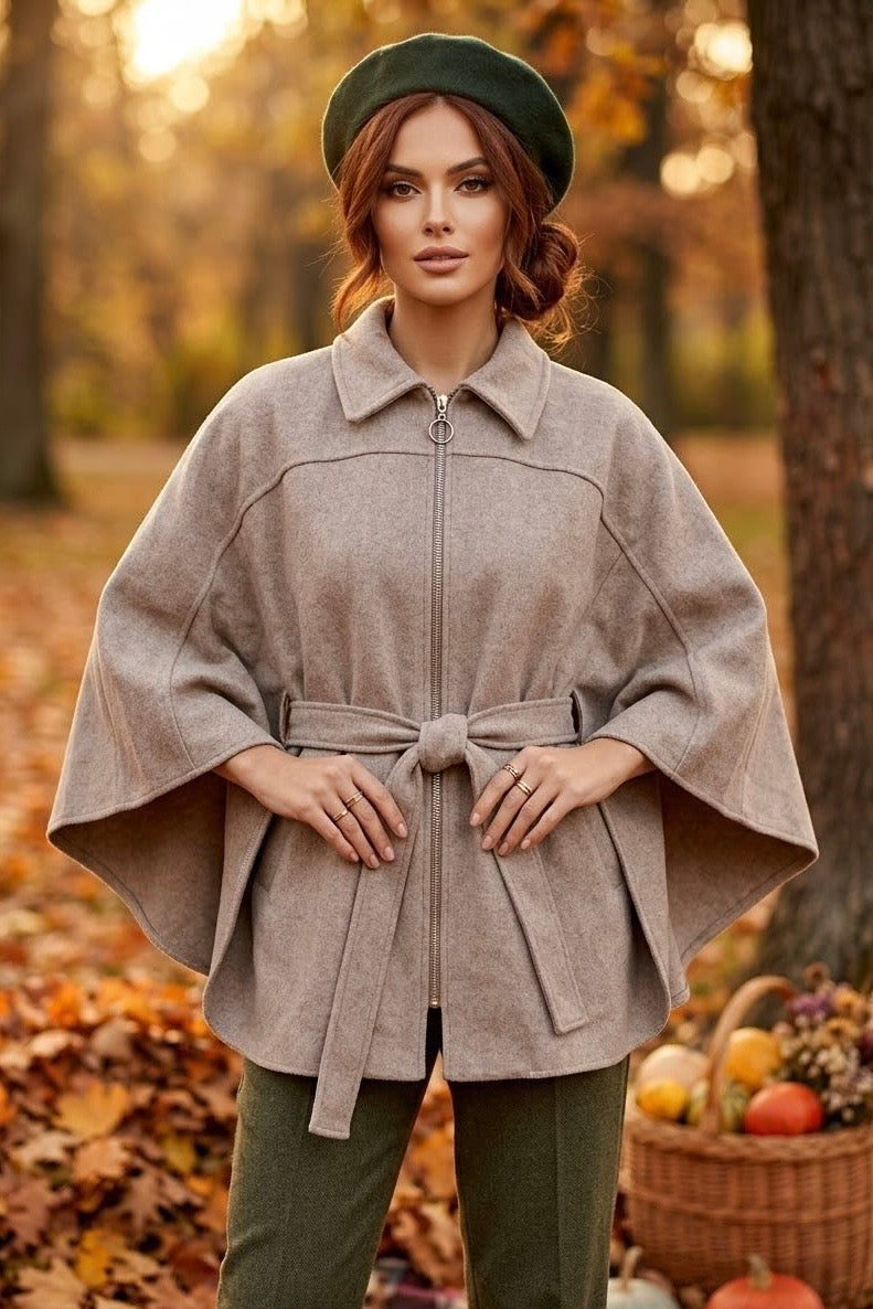 FRONT-ZIP CAPE JACKET WITH TIE BELT