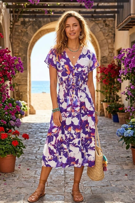 PRINTED BUTTON V-NECK DRESS(MIXED COLOUR PACK)