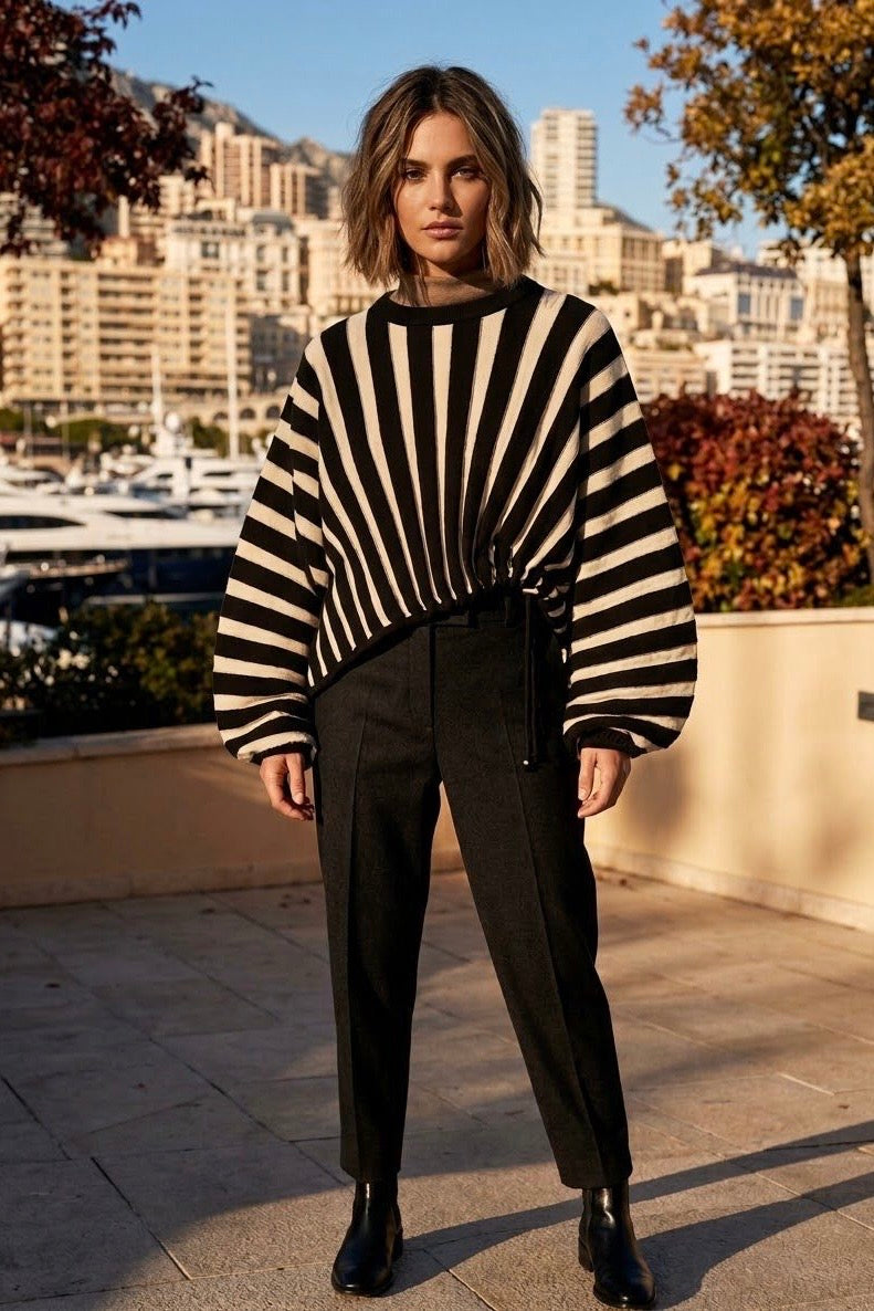 STRIPPED BALLOON SLEEVE DRAWSTRING-HEM CROPPED KNIT JUMPER