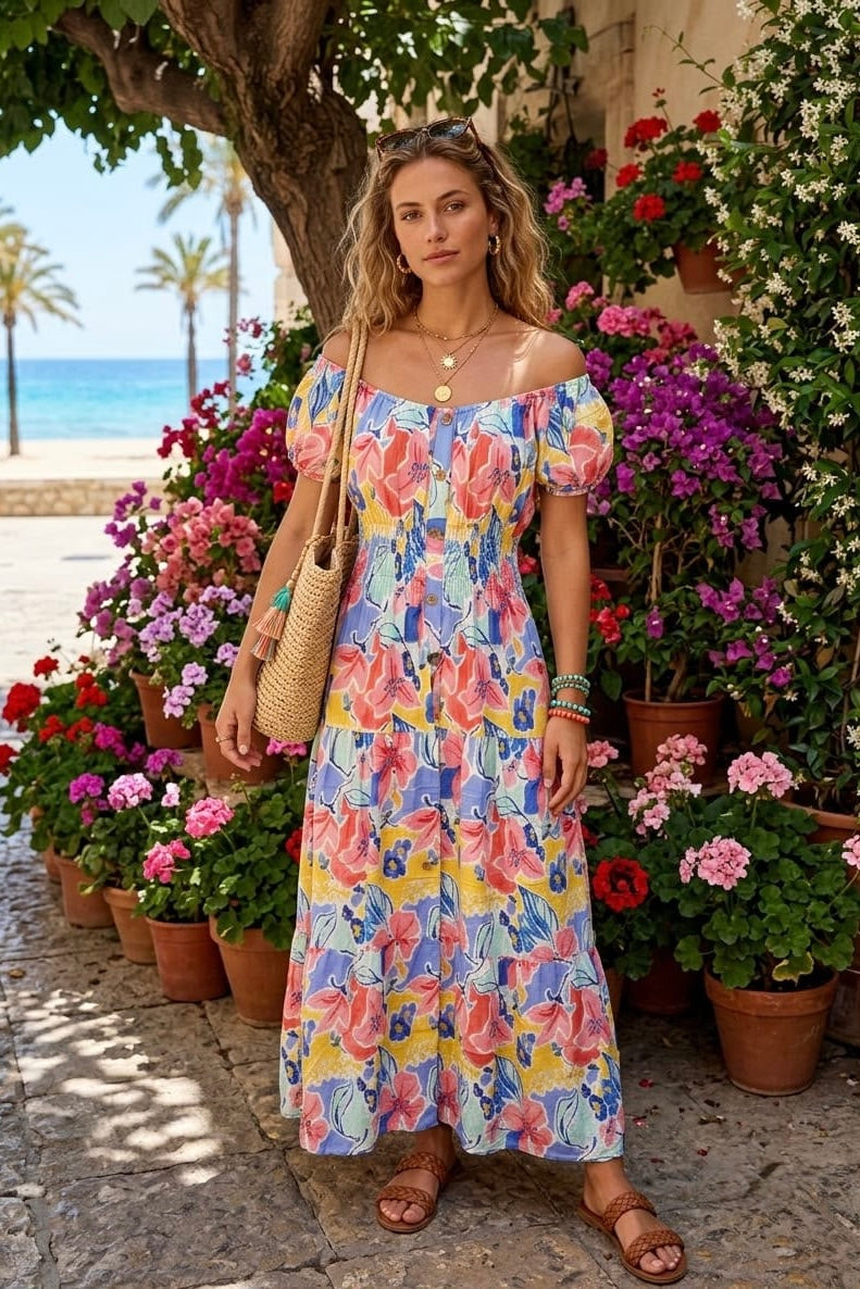 FLORAL OFF SHOULDER BUTTON MAXI ( MIX PACK )