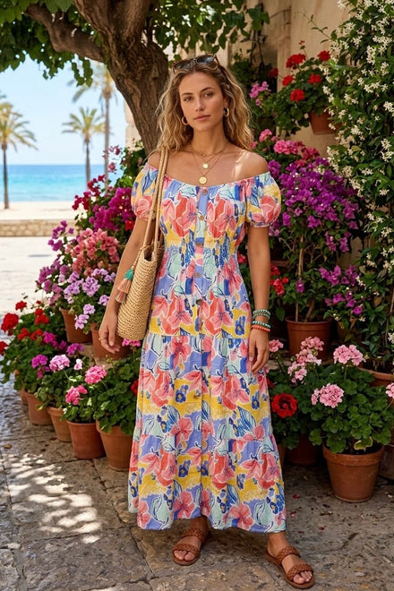 FLORAL OFF SHOULDER BUTTON MAXI ( MIX PACK )