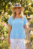 OPEN KNIT BRODERIE PEPLUM BLOUSE