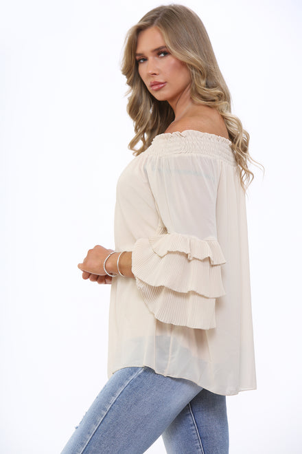 OFF SHOULDER PLEATED SLEEVE TOP (7683615129848)